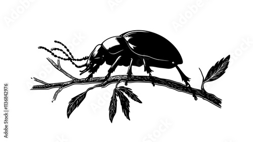 The beetle climbs over a branch, using its mandibles to explore its path, Vectorized Animal Art