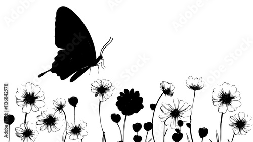 The butterfly approaches a group of flowers, focusing its attention on one specific bloom, Vectorized Animal Art