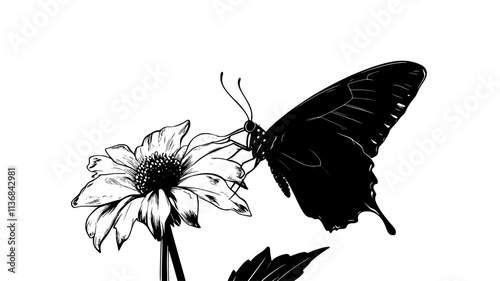 The butterfly perches on a flower, gently extending its proboscis to reach the nectar within, Vectorized Animal Art