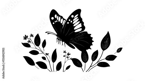 The butterfly is mid-flight, its wings fully extended while hovering near a leafy area, Vectorized Animal Art