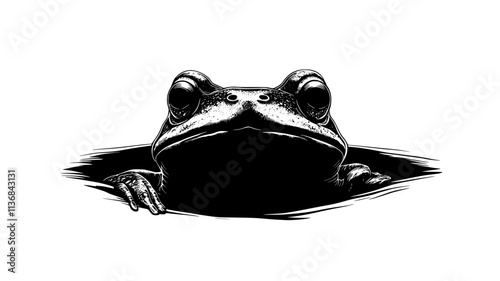 Toad resting in a small hollow in the ground, with just its head visible, Vectorized Animal Art