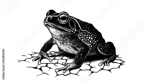 Toad sitting still on dry, cracked ground, its body resting flat on the surface, Vectorized Animal Art
