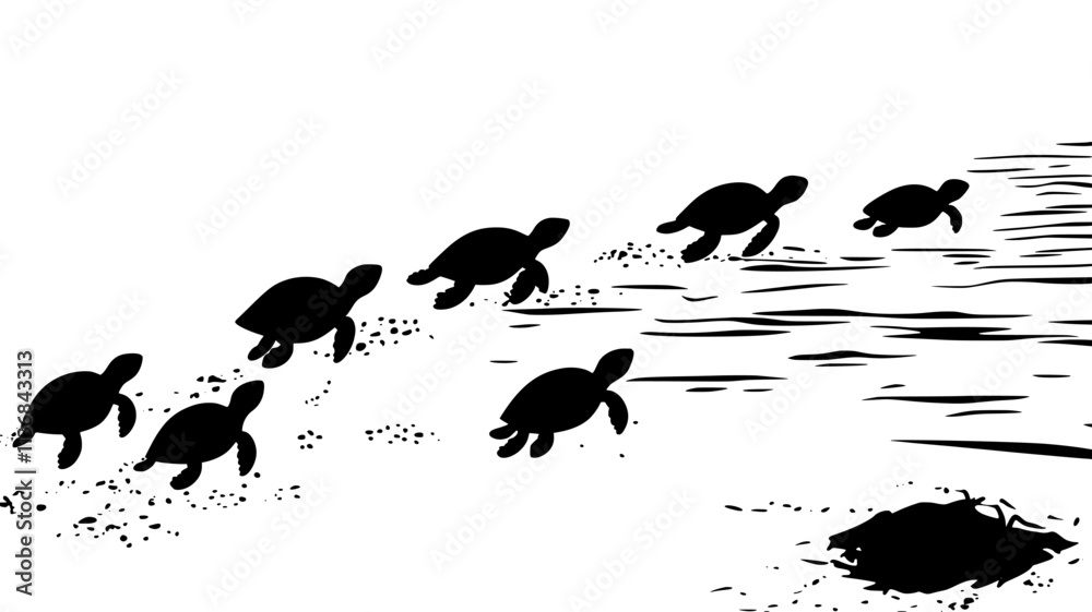 Fototapeta premium Turtle hatchlings making their way to the ocean from a nest, Vectorized Animal Art