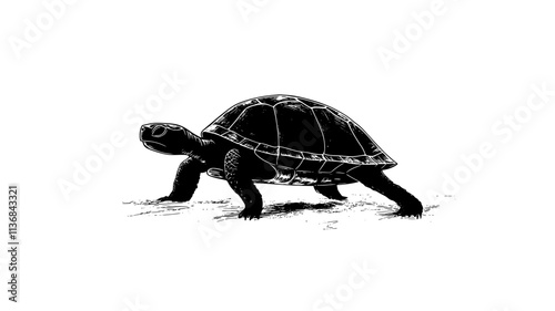 Turtle walking slowly across a sandy surface, with its shell appearing round and hard, Vectorized Animal Art