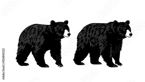 Two bears standing near each other, both facing the same direction, Vectorized Animal Art