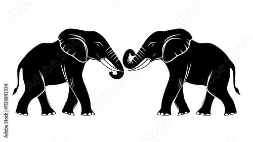Two elephants spar with intertwined trunks and tusks, displaying playful behavior, Vectorized Animal Art