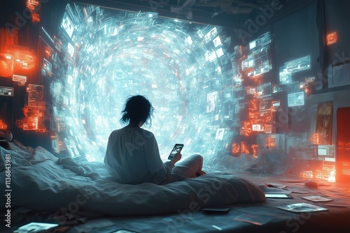 A man sits on his bed clutching his phone as a swirling digital vortex opens from his phone screen, sucking him into a world of floating news articles, notifications and social media icons.