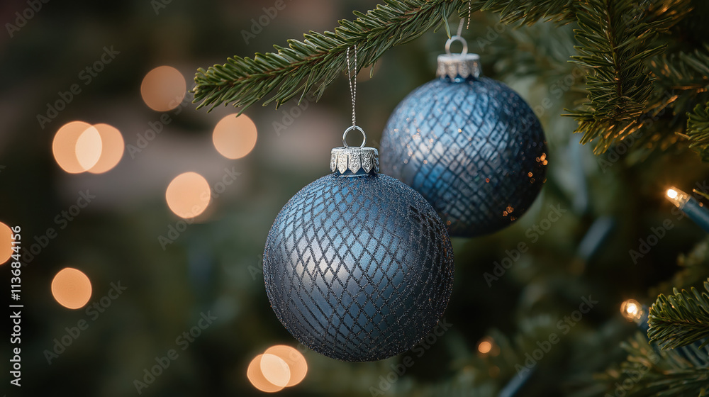 Elegant Sapphire Blue Christmas Baubles on a Bokeh Background Elegant Sapphire Blue Christmas Baubles on a Bokeh Background