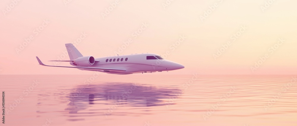 A stylish jet flies over tranquil pink waters, symbolizing luxury travel and serene escapism in a captivating landscape. A stylish jet flies over tranquil pink waters, symbolizing luxury travel and serene escapism in a captivating landscape.