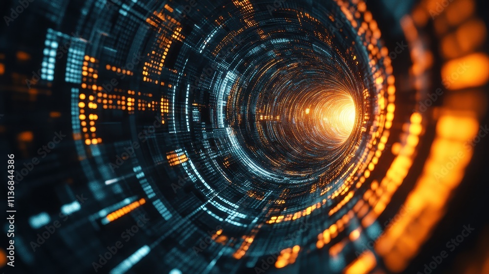 Digital Data Tunnel with Vivid Orange and Blue Light Effects in a Futuristic Setting Digital Data Tunnel with Vivid Orange and Blue Light Effects in a Futuristic Setting