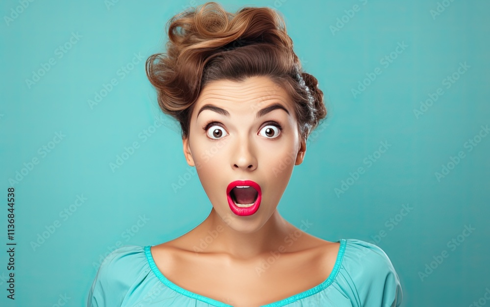 surprised young woman, retro pin up hair style and make up over plain studio background surprised young woman, retro pin up hair style and make up over plain studio background