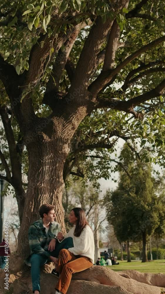 Vertical video, Happy young couple man and woman talking sitting in park under tree