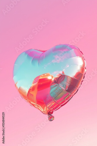 metallic red heart shaped foil balloon on a string on a pink red gradient background