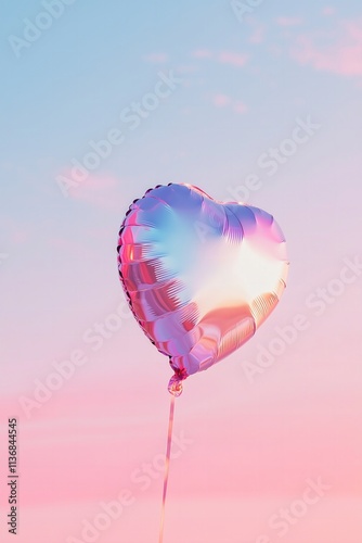 metallic red heart shaped foil balloon on a string on a pink red gradient background