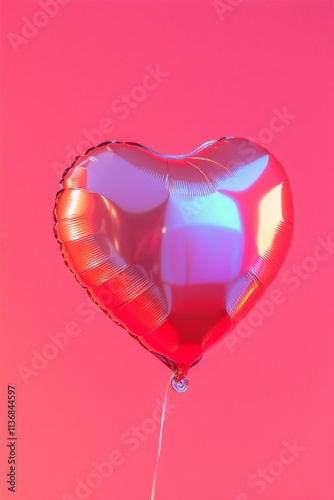 metallic red heart shaped foil balloon on a string on a pink red gradient background