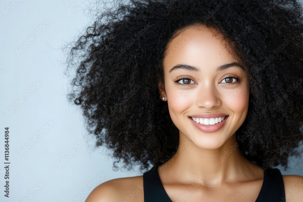 A young Black woman with beautiful curls smiles brightly against a soft, neutral background. A young Black woman with beautiful curls smiles brightly against a soft, neutral background.