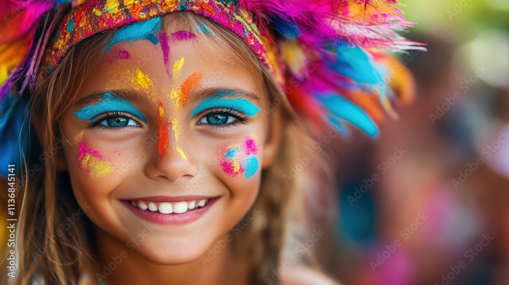A vibrant portrait of a smiling girl adorned with colorful face paint and feathers, representing joy, creativity, and the spirit of childhood festivals. A vibrant portrait of a smiling girl adorned with colorful face paint and feathers, representing joy, creativity, and the spirit of childhood festivals.