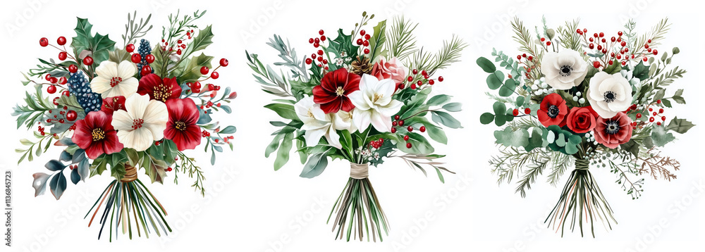Watercolor set of bouquets with red and white flowers Watercolor set of bouquets with red and white flowers