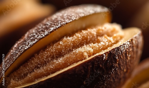 Closeup of a halved sugared chestnut revealing its texture