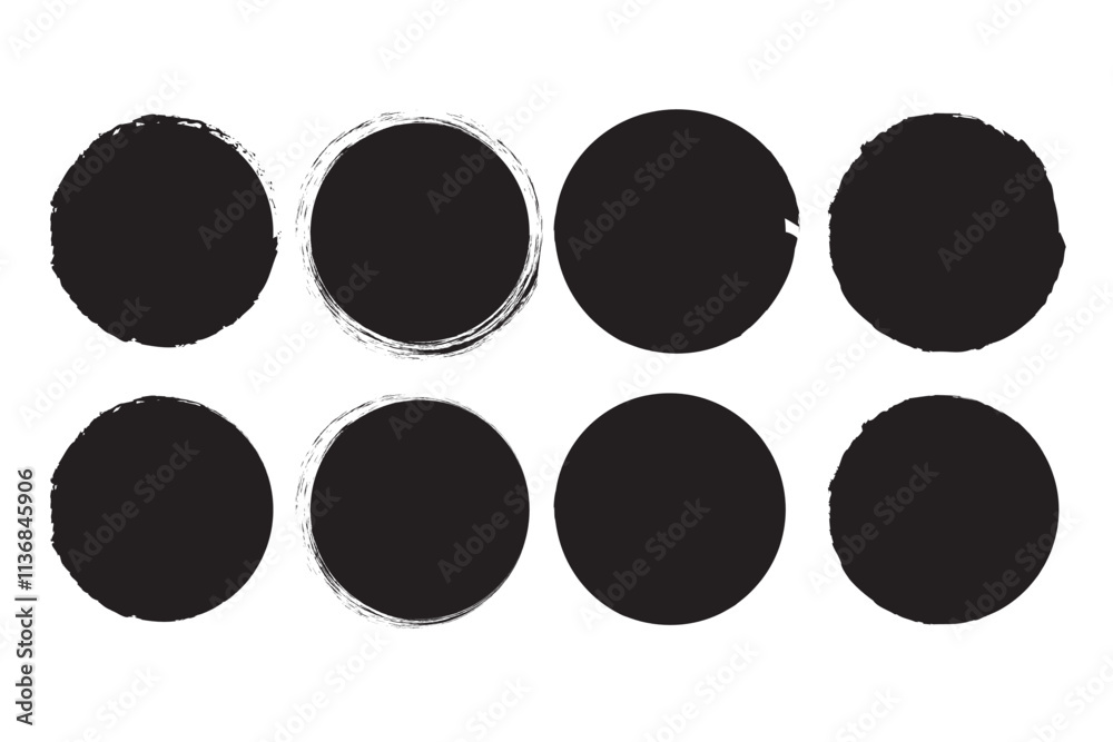 Abstract black brush stroke circles with creative designs, bold patterns, and elements