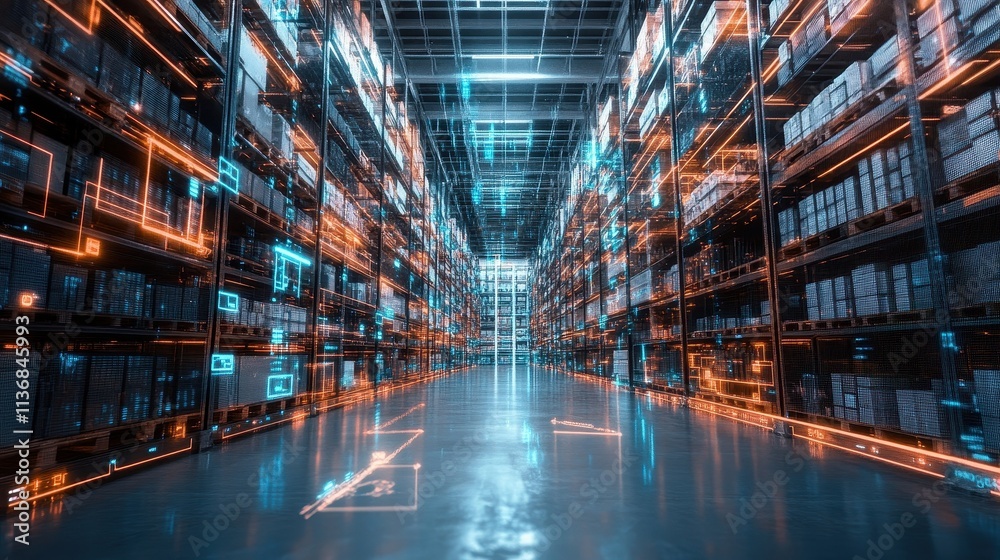 Futuristic Warehouse with Neon Lights and Endless Corridors in High-Tech Environment