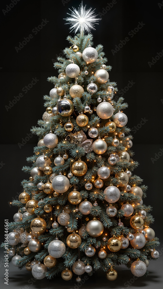 A glamorous Christmas tree featuring metallic ornaments, shimmering ribbons, and crystal details. Elegant holiday style perfect for a chic modern interior. A glamorous Christmas tree featuring metallic ornaments, shimmering ribbons, and crystal details. Elegant holiday style perfect for a chic modern interior.