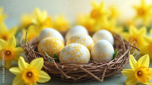 White and Yellow Easter Eggs in a Bird Nest and Daffodils Flowers Arrangement, Spring Holiday Celebration photo