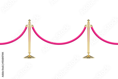 Barriers with pink rope, seamless line. Realistic image of golden stanchion poles, velvet rope. Isolated on white background. Vector illustration