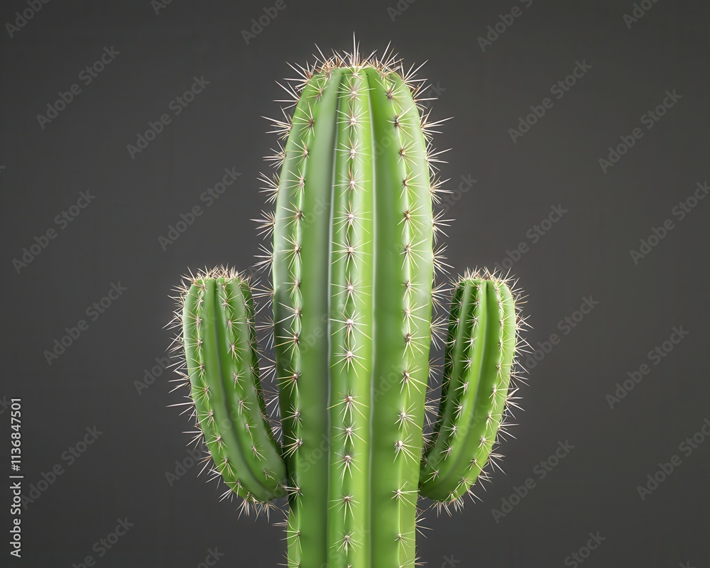 Fototapeta premium An intricate saguaro cactus stands tall against a dark background, showcasing its vivid green color and sharp spines.