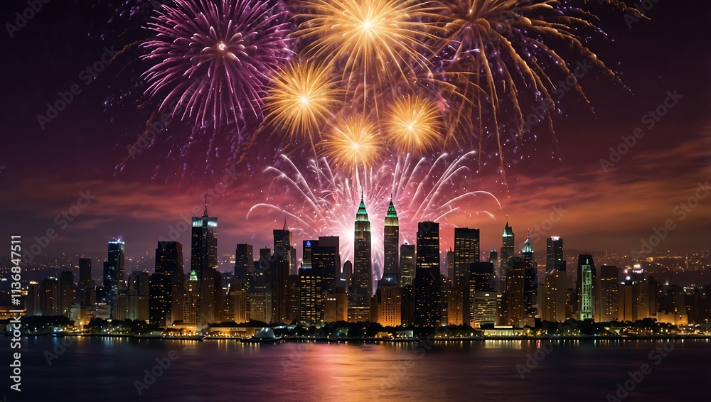 A city skyline at night with fireworks exploding above. A city skyline at night with fireworks exploding above.
