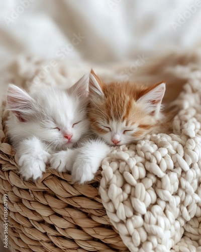 Fluffy kittens cuddling in a woven basket with soft, pastel blankets photo