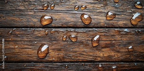 The image showcases glistening water droplets on a weathered wooden surface, emphasizing texture and nature's beauty.