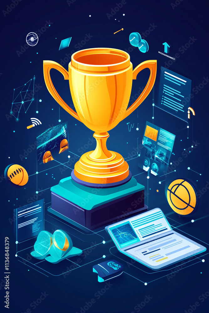 A digital sports trophy icon surrounded by achievement metrics, representing online sports education platforms, digital coaching tools, and student-athlete analytics. A digital sports trophy icon surrounded by achievement metrics, representing online sports education platforms, digital coaching tools, and student-athlete analytics.