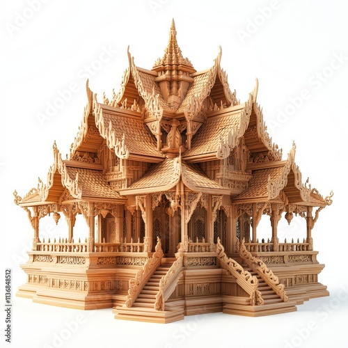 Intricate wooden temple model showcasing detailed architecture with ornate carvings and multiple tiered roofs, suitable for design projects, cultural exhibitions