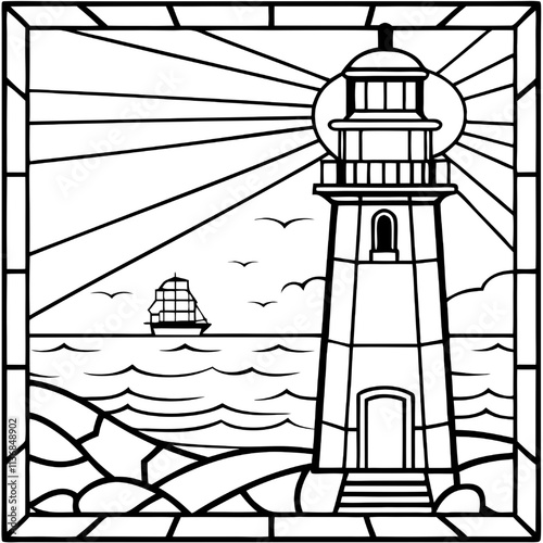 Lighthouse Seascape: Stained Glass Style Illustration 