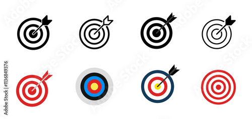 Target icons set: Goal symbols with arrows, featuring simple target designs, darts icons, and bullseye hits in line and flat styles.