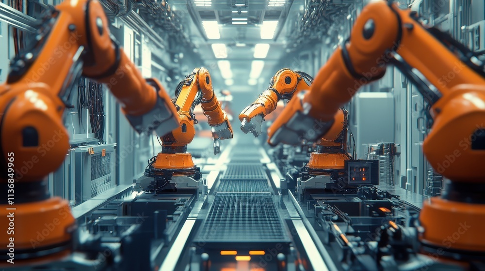 Advanced Robotic Arms Operating in a High-Tech Industrial Factory Setting Advanced Robotic Arms Operating in a High-Tech Industrial Factory Setting
