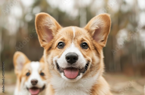 Two happy corgis are playfully posing outdoors, showcasing their adorable faces and bright expressions in a natural setting.