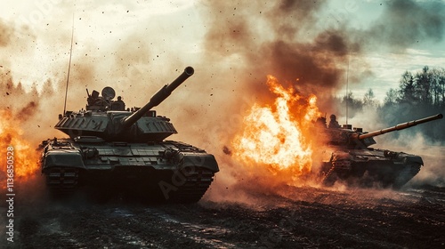 Military tanks in fiery battle scene. Intense warfare with explosions and smoke. Dramatic combat action on battlefield. Powerful armored vehicles in conflict simulation. photo