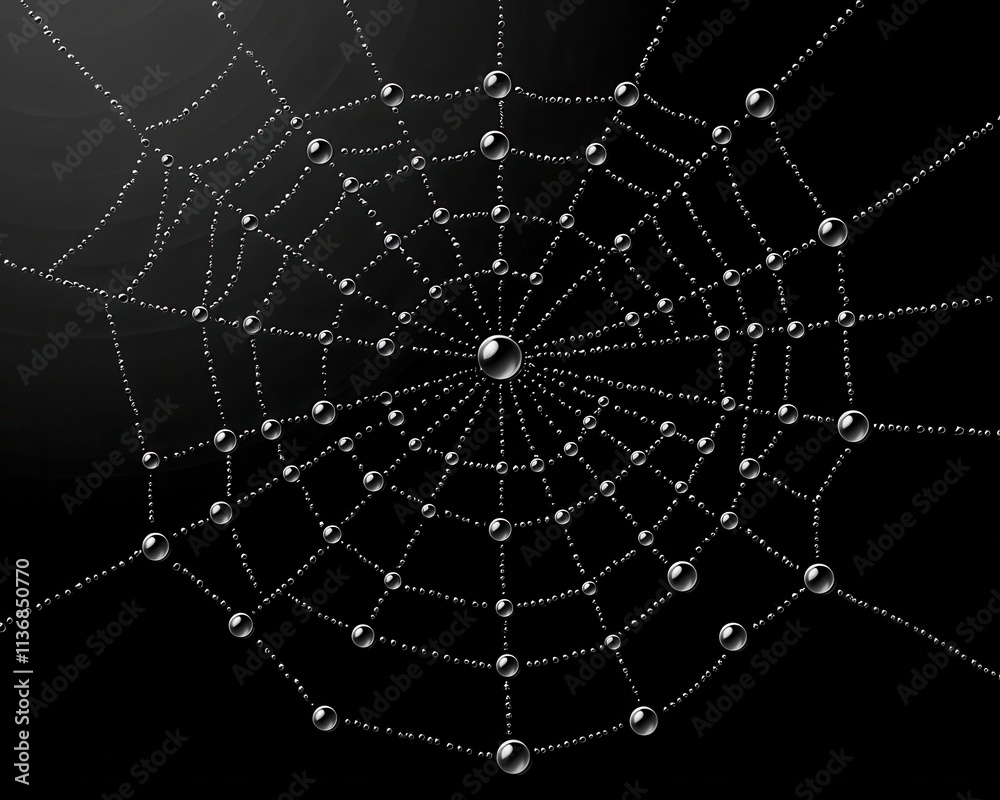 Obraz premium A beautifully woven spider web adorned with dew droplets, glistening against a dark background.