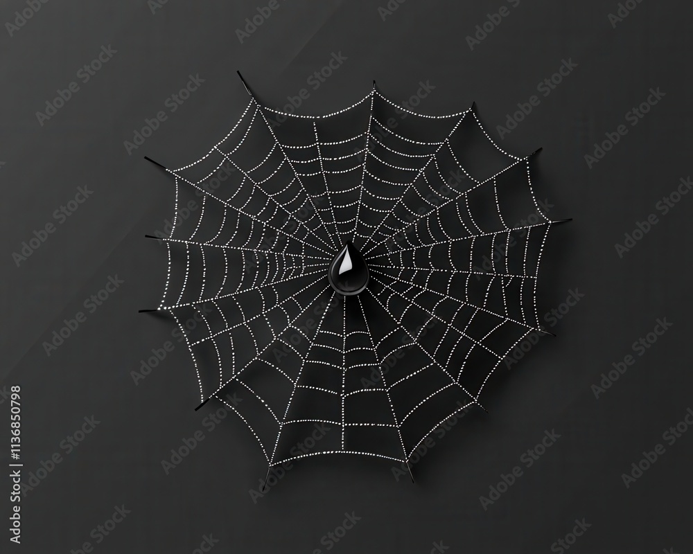 Obraz premium A delicate black spider web adorned with glistening dew drops, creating a striking contrast against a dark background.