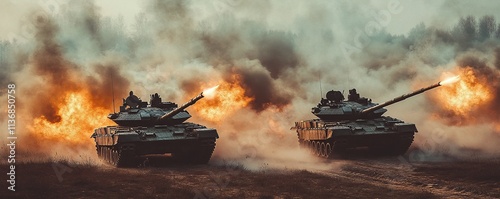 Two military tanks firing in battlefield. Powerful armored vehicles in action. Combat scene with explosions and smoke. Dramatic warfare image for army, defense concepts photo