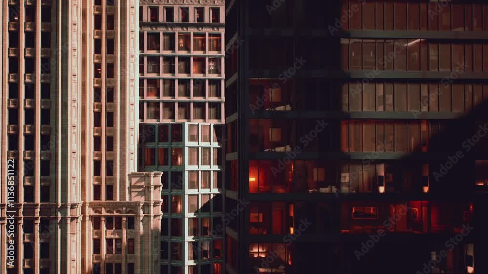 The interplay of architectural styles stands out at night, with lit windows revealing urban life amid surrounding darkened facades. A blend of historic and modern structures creates intrigue. The interplay of architectural styles stands out at night, with lit windows revealing urban life amid surrounding darkened facades. A blend of historic and modern structures creates intrigue.