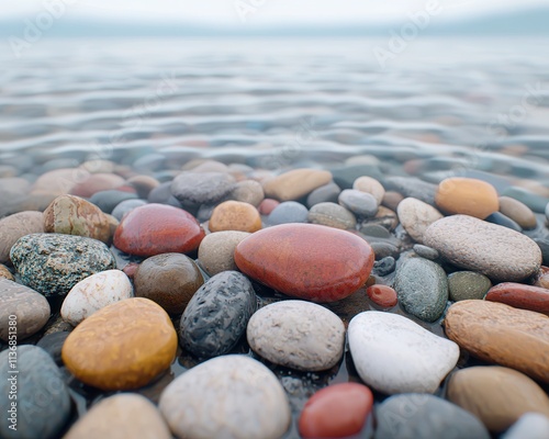 A serene collection of colorful pebbles partially submerged in calm water, creating a tranquil natural scene. photo