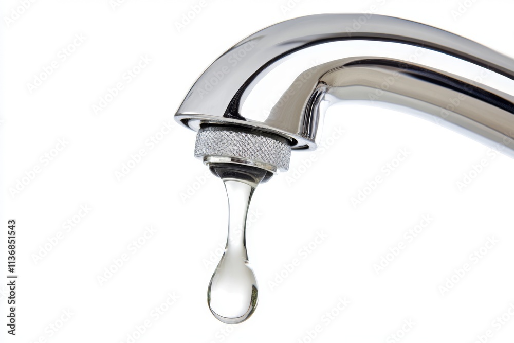 Sink faucet dripping with the water drop. A drop of water drips from a leaky faucet. Bathroom metal tap isolated on transparent white background with Falling water drop close up. Droplet. Copy space Sink faucet dripping with the water drop. A drop of water drips from a leaky faucet. Bathroom metal tap isolated on transparent white background with Falling water drop close up. Droplet. Copy space
