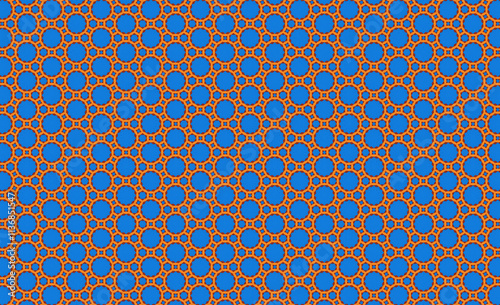 Repeating Geometric Pattern: Blue Background with Orange Circles and Octagons