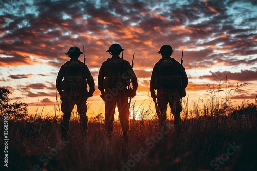 Silhouettes of three soldiers at sunset. Men with rifles standing in field against dramatic orange sky. Military service concept. Patriotism and duty theme photo