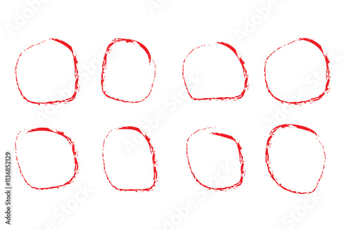 Set of hand drawn red doodle ellipses. Bright red scribble ovals and bubbles to circle and highlight text. Collection of different brush drawn black circles. Marker round elements isolated on white