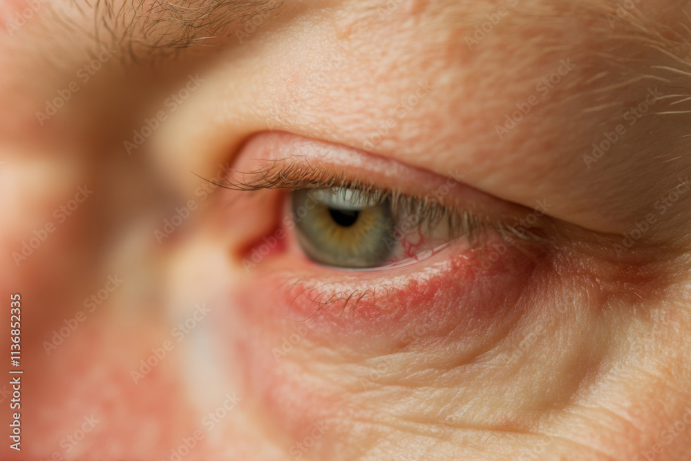 Obraz premium Human Eye with Conjunctivitis extreme close up. Closeup irritated infected red bloodshot eye. Male Eye. Vision. Eyesight. Mature Adult Eye Opening Wide. Viral infection with redness of eyeball. Macro