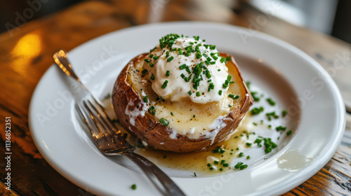 Delicious baked potato topped with fluffy sour cream, fresh chives, and drizzled with rich butter on a rustic wooden table, showcasing comfort food at its finest.